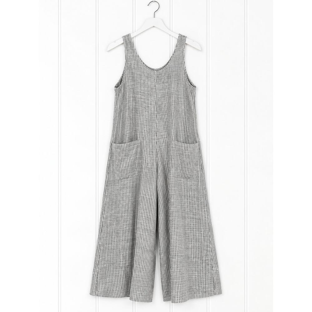 Max Studio London Jumpsuit XL Gray White Stripe Linen Blend Wide Leg Sleeveless